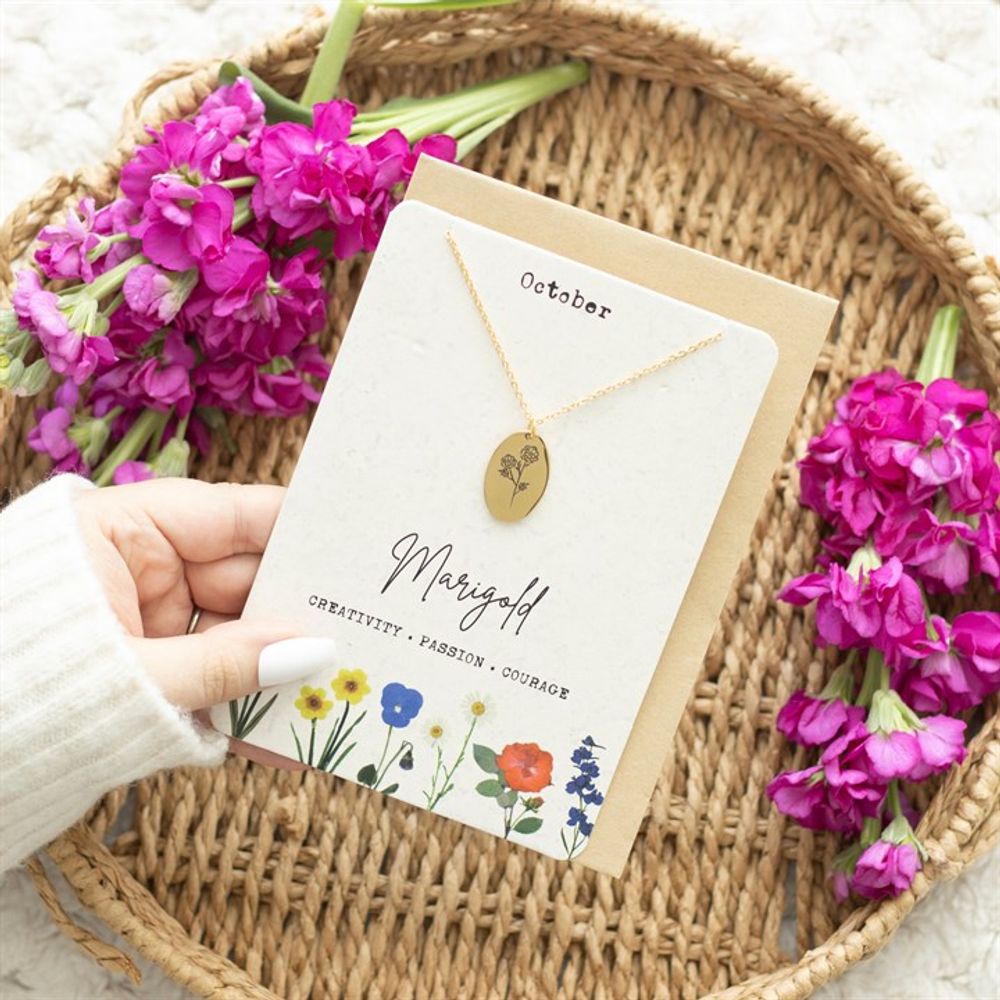 October Marigold Birth Flower Necklace Card
