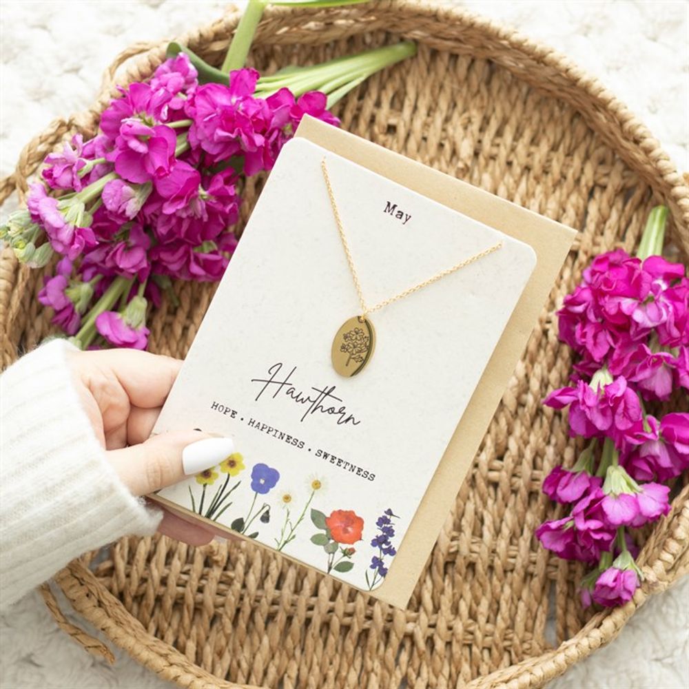 May Hawthorn Birth Flower Necklace Card